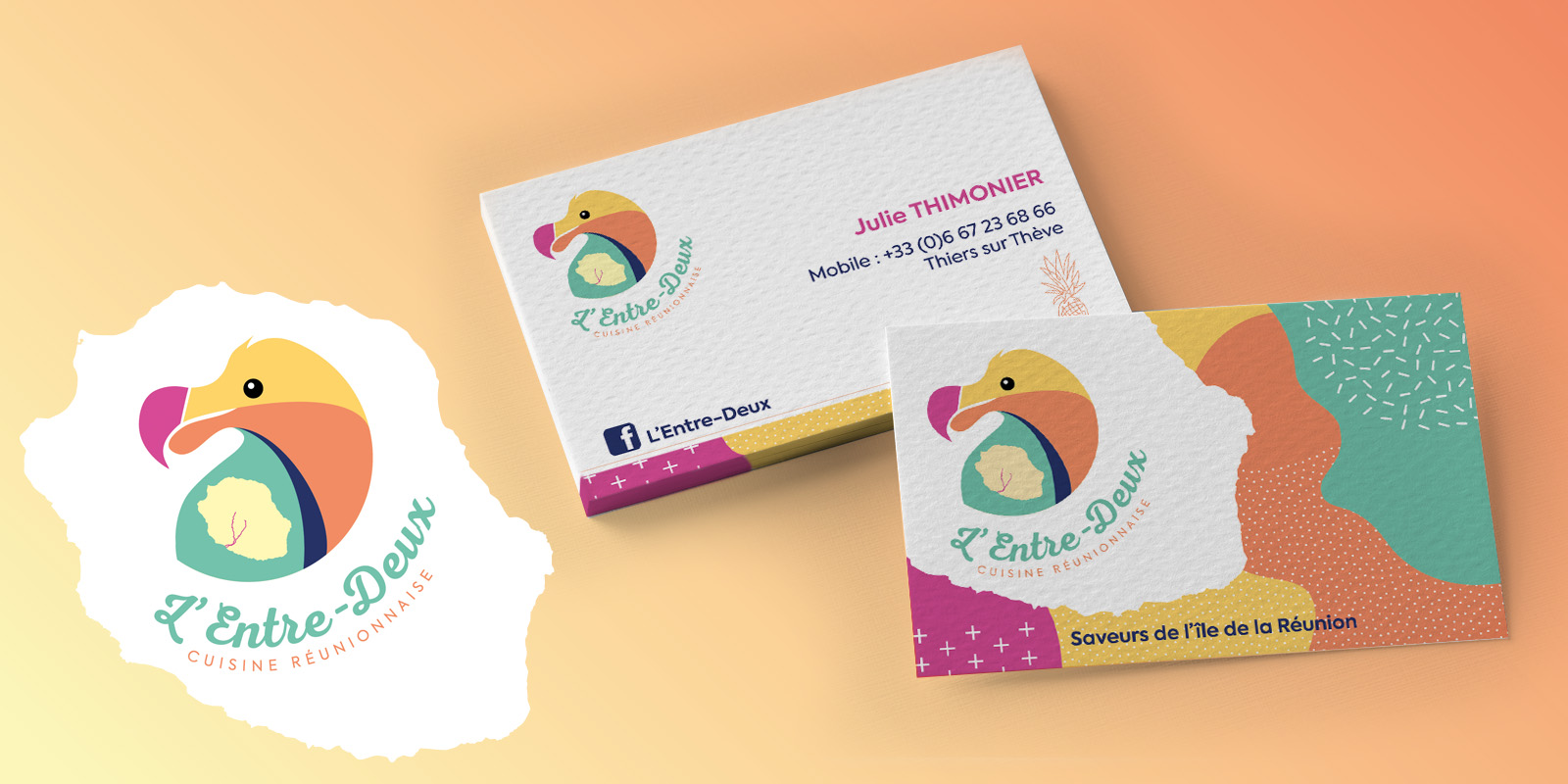 Présentation du logo et des cartes de visites de l'Entre-Deux avec le Dodo comme symbole pour cette restauratrice réunionnaise